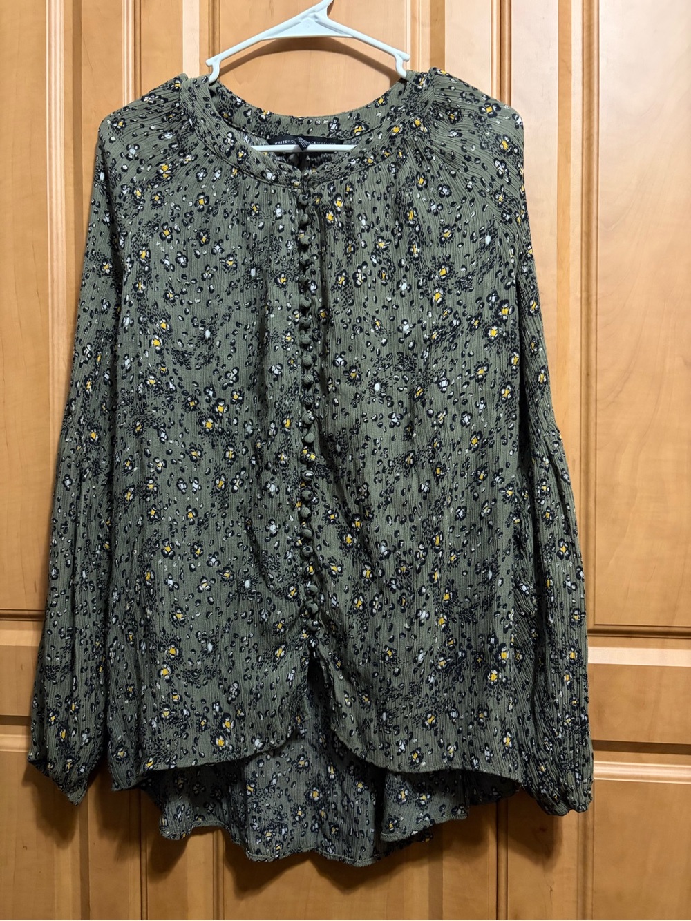 White House Black Market Olive Green Floral Button-Up Blouse